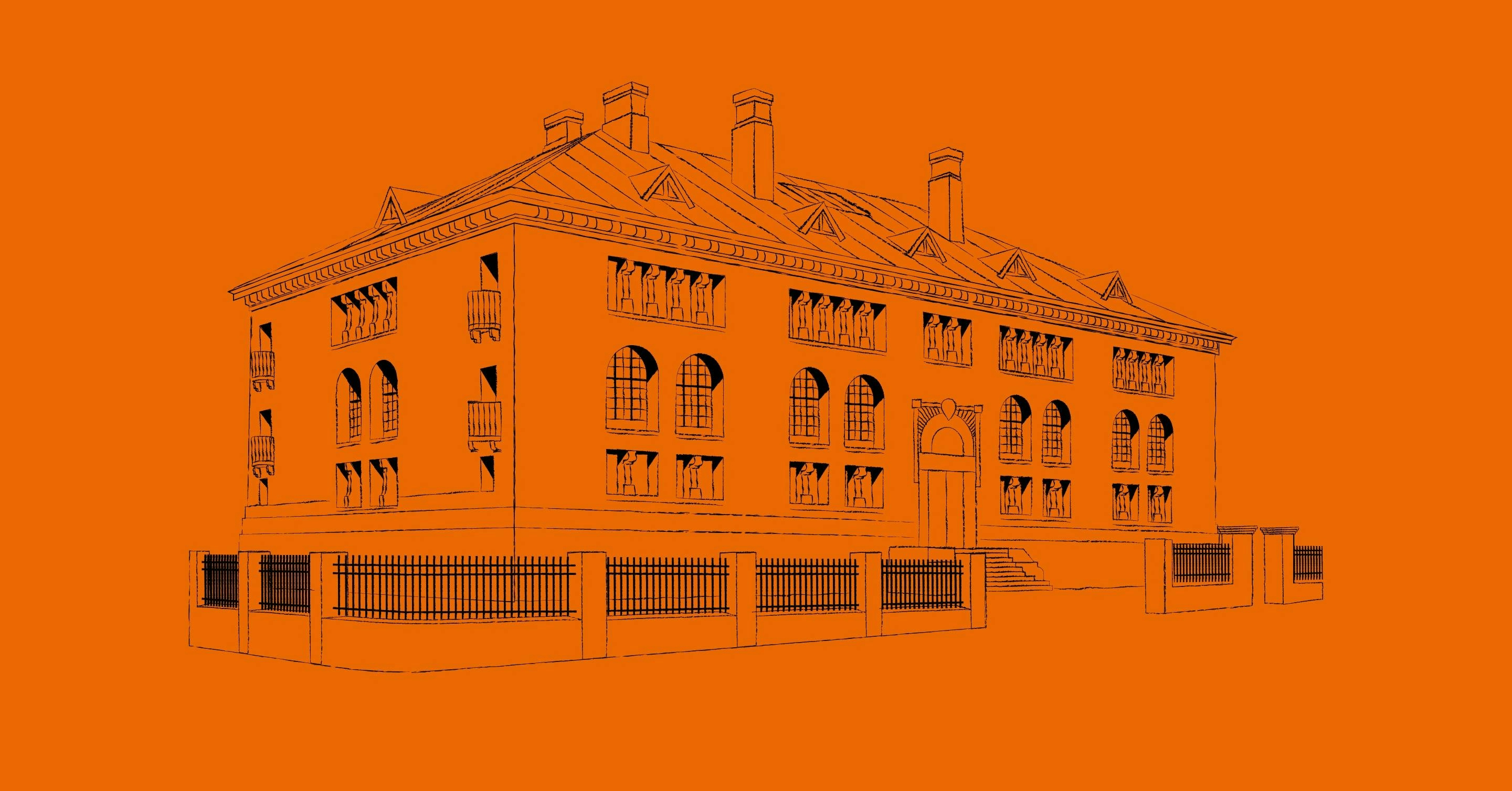 a drawing of the house of Collections, orange background
