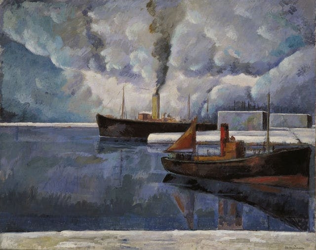 Picture by Jón Stefánsson, Frá Höfninni. Shows two ships in a harbour